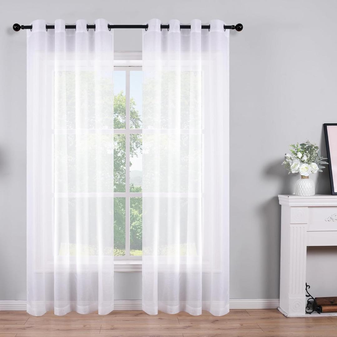 96 Inch Sheer Curtains White Grommet Set of 2 Panels Window Sheer Semi Drapes Faux Linen Look Voile Curtains for Girls Bed Room Living Bath Nursery Wide 52 x 96 Long 8ft Solid Plain Pure Bright White 