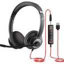 USB Headset with Microphone for PC, On-Ear Computer Laptop Headphones with Noise Cancelling Microphone in-line Control for Home Office Online Class Skype Zoom (USB+3.5mm, Black)