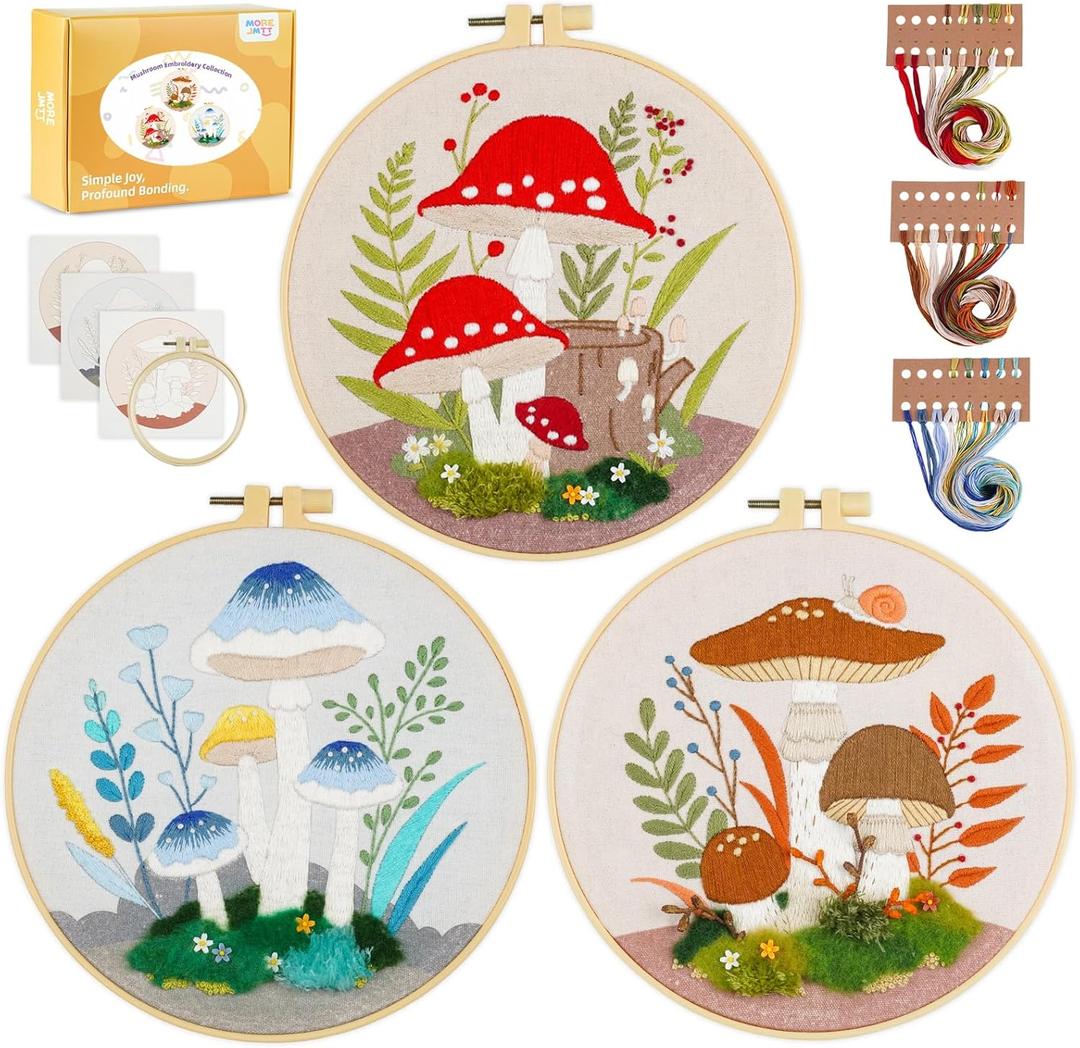 3 Pack Beginner Embroidery Kits for Adults DIY Starter Kit with,cross stitch kits for beginners,Stamped Patterns,Embroidery Hoop,Colorful Threads,Tools,Step by Step Instructions & Video Tutorial (mushroom)