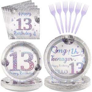 Grencian 96Pcs 13th Birthday Decorations for Girls Silver Disco Iridescent 13th Birthday Plates and Napkins Disposable Paper Tableware for Girls 13 Year Old Party Supplies, Serves 24