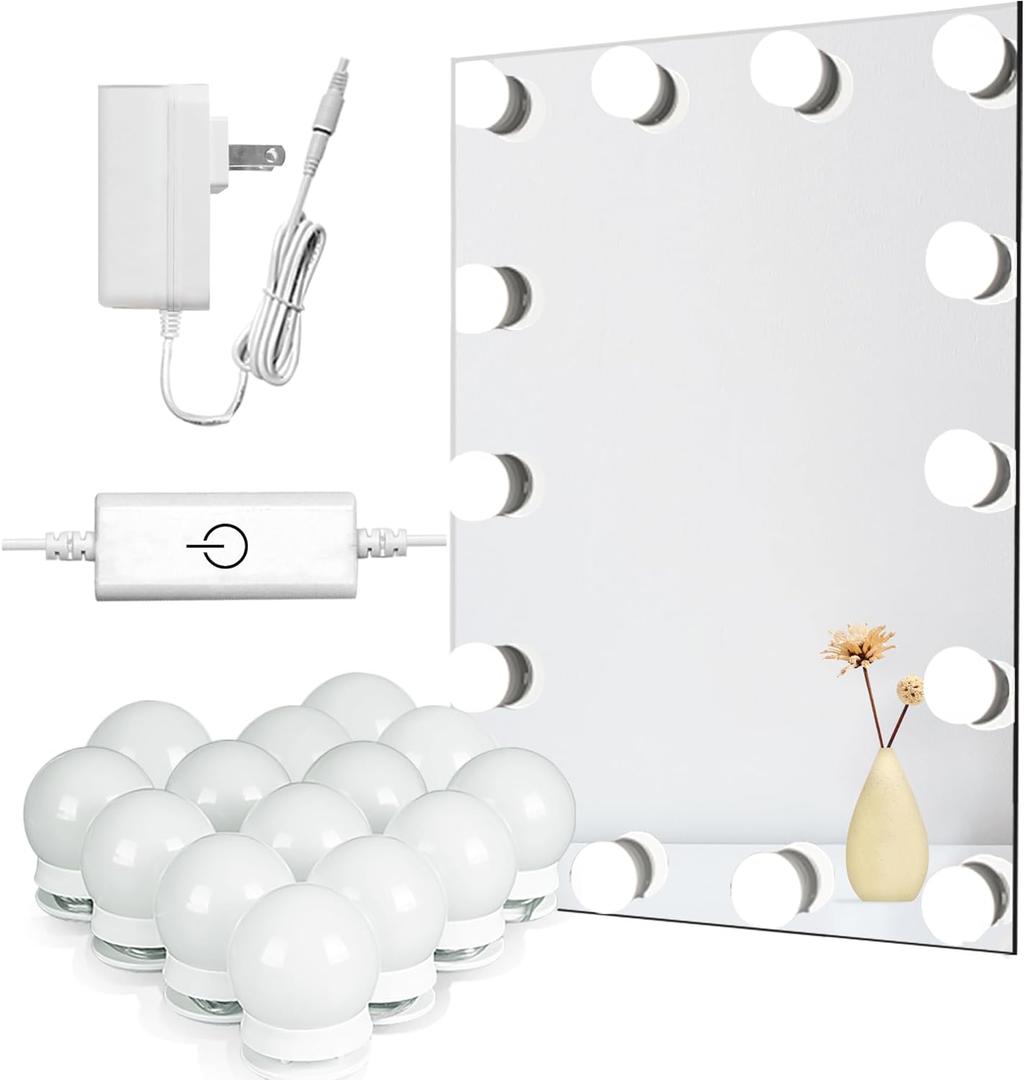 Waneway Vanity Lights for Mirror, DIY Hollywood Lighted Makeup Vanity Mirror Dimmable Lights, Stick on LED Mirror Light Kit for Vanity Set, Plug in Makeup Light for Bathroom Wall Mirror, 14-Bulb