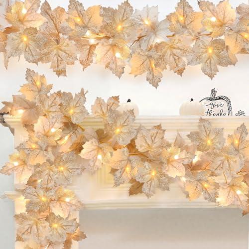 3 Pack Thanksgiving Decorations - Thanksgiving Garland with Lights Fall Decorations for Home, Total 20Ft 60LED Thick Lighted Maples Leafed Fall Garland Autumn Wedding Harvest Fireplace Party Christmas