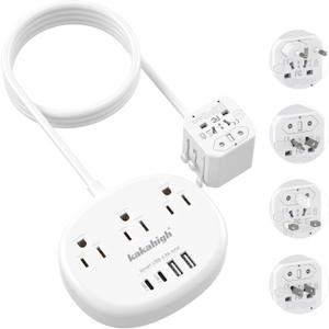 European Travel Plug Adapter with USB C, Multi Country Outlet Adapter with 3 AC Outlets and 4 USB Ports, Type A/C/G/I Plug Adapter for US to Most of Country, Universal Travel Adapter, 3FT