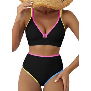 Herseas Women's 2 Piece Floral Print Bikini Sets V Neck Stitch Swimsuits High Waisted Bathing Suit Beach Summer Swimwear (Black, XL)