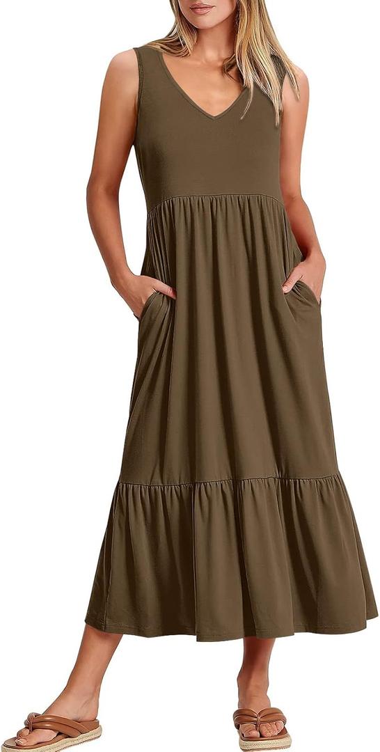 ANRABESS Womens Summer Maxi Dresses Fit & Flare Flowy V Neck Sleeveless Swing Casual Tiered Beach Sundress with Pockets (Large, Coffee)