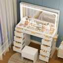 Pamapic Glass Top Vanity Desk with Mirror and Lights, 11 Drawers Makeup Vanity with Charging Station and Chair, Golden Handles Dressing Table, 3 Lighting Modes Makeup Table, White