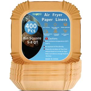 400Pcs 8 Inch Air Fryer Paper Liners Disposable,Square Non-Stick & Oil-Proof Parchment Paper Liners for 5-8 QT Air Fryer,Unbleached Airfryer Liners for Baking,Roasting,and Microwave