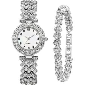 Women Diamond Watchs Luxury Fashion Ladies Bangle Bracelet Set Wrist Watch Female Dress Watch (01 Silver)