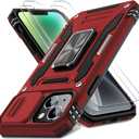DEERLAMN Case for iPhone 13/iPhone 14 6.1-Inch with Slide Camera Cover+Screen Protector(2 Packs),Rotated Ring Kickstand Military Grade Shockproof Protective Cover-Red