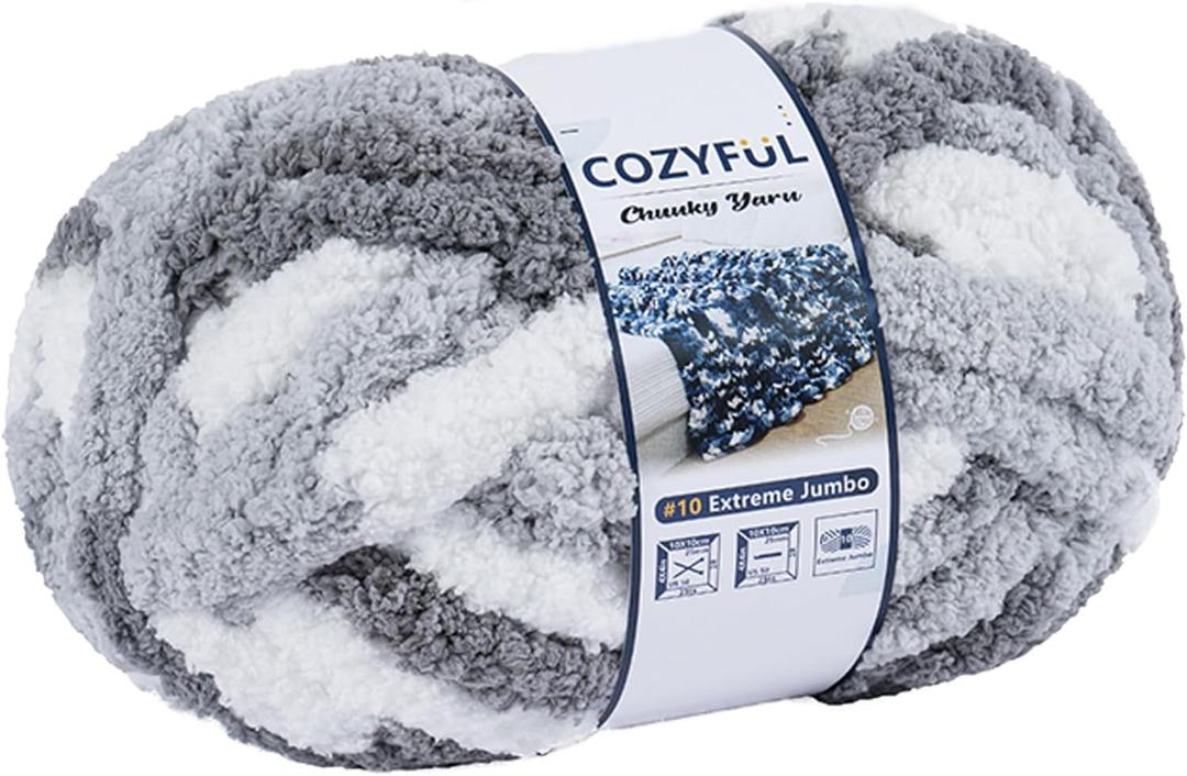 Cozyful Chunky Yarn for Hand Knitting, #10 Jumbo Blanket Yarn, Multi Grey&White