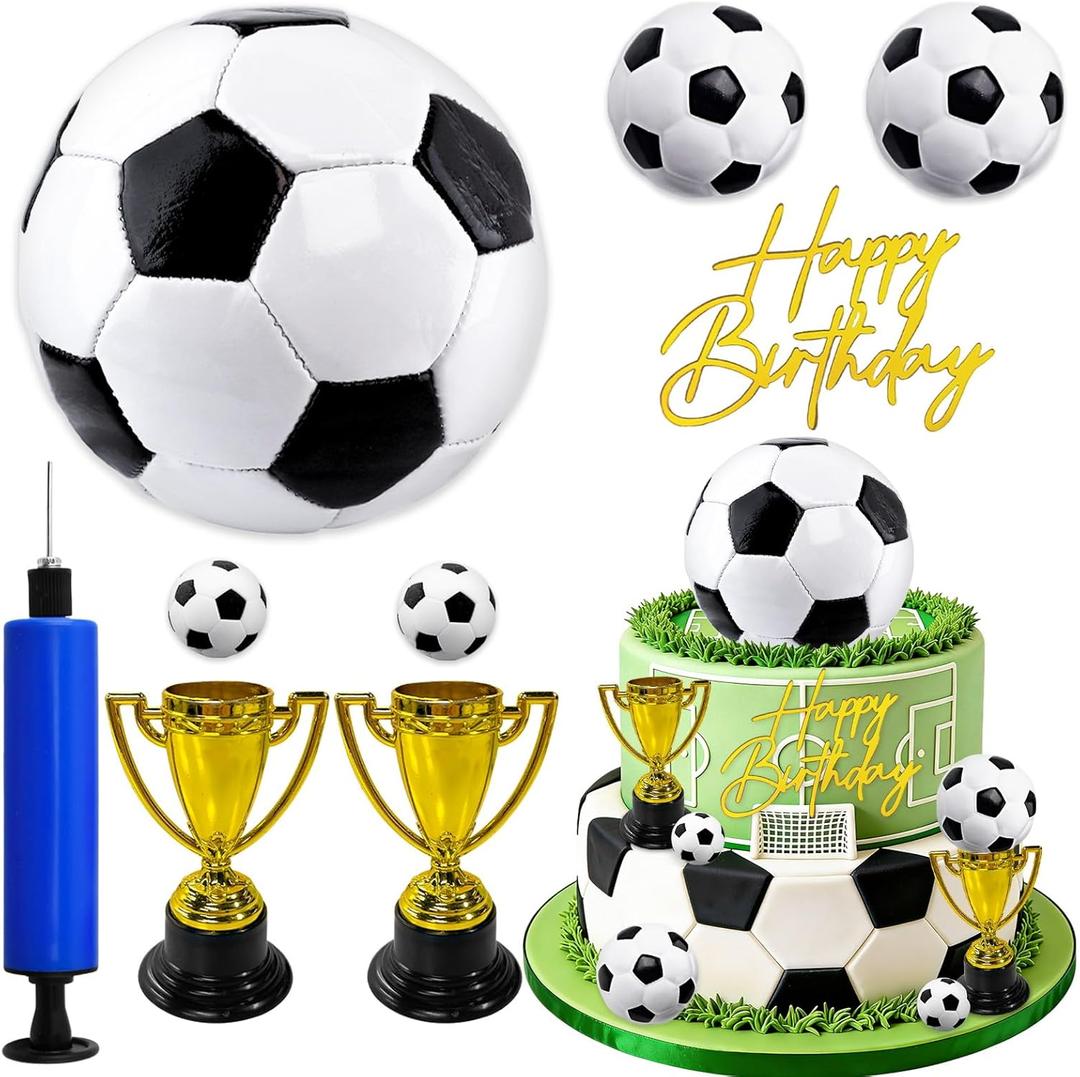 Morofme 8pcs Soccer Ball Cake Toppers Large Soccer Cake Decorations Mini Soccers Cupcake Topper Happy Birthday Topper Trophies Decor Footballs Cake Toppers for Soccers Themed Birthday Party Supplies