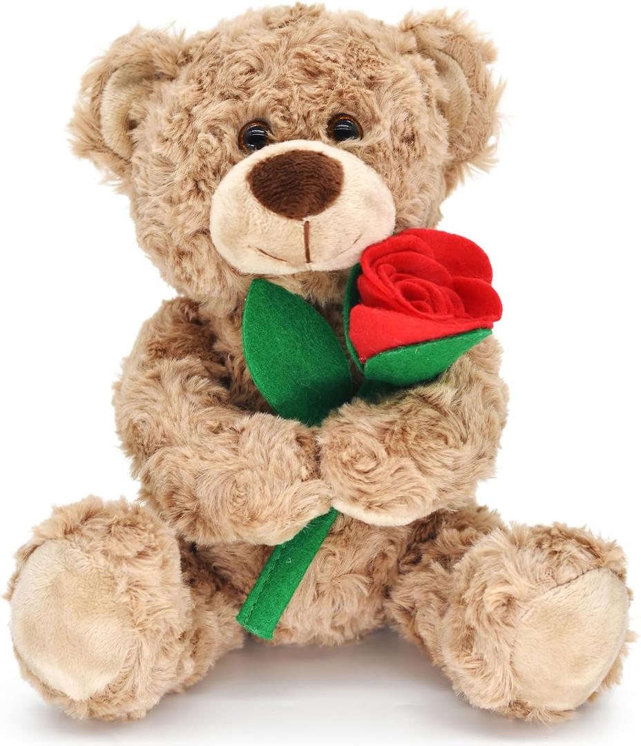 12'' Stuffed Teddy Bear Dolls with Rose, Soft Plush Animal Toys for Her/Girlfriend Lover Mom Kids Gifts Home Decor (Brown)