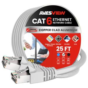 CAT 6 Shielded Ethernet Cable 25 FT, Indoor High-Speed (SFTP) 10Gbps Snagless 25FT Ethernet Cable for Internet, Router, Computer, PlayStation, Xbox, POE Camera, Printer - (White, 25FT)