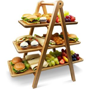 Acacia Wood 3 Tier Wooden Serving Tray - Foldable Three Tiered Stand for Charcuterie Boards, Desserts, Party Wedding Kitchen Decor & Easy Storage
