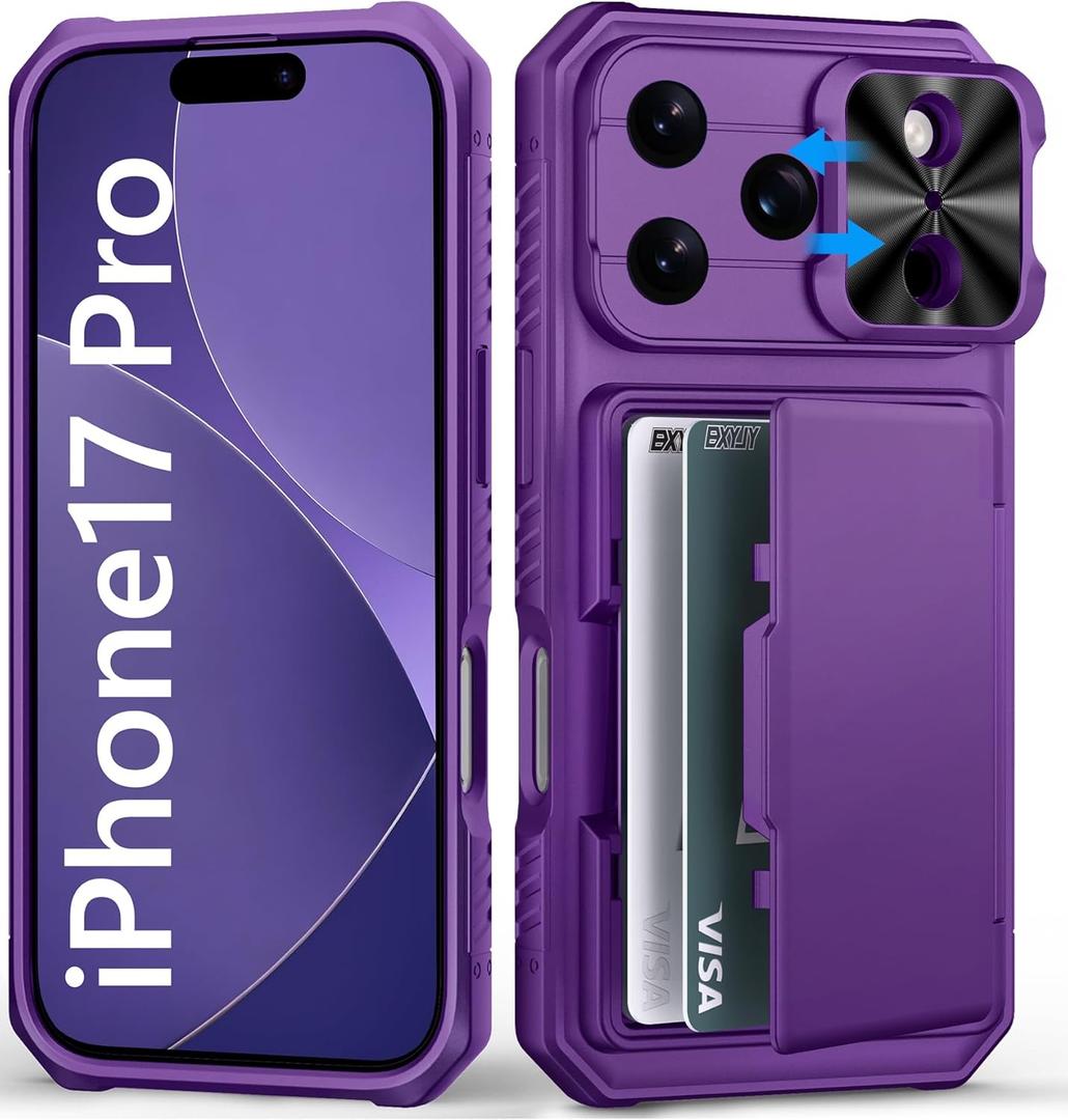 for iPhone 17 Pro Wallet Case with Camera Cover, Card Holder (4-5 Cards), Military Grade Protection, Heavy Duty Women Men Protective Phone Case for iPhone 17 Pro 6.3" 2025, Dark Purple
