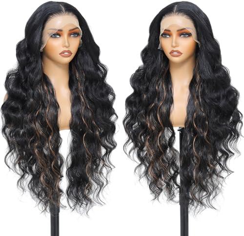 FABÉLLE Long Wavy Wig Black with Light Brown 13 * 6 Transparent HD Front Lace Wigs 32 Inches Body Wave Style Hair Synthetic Wig Heat-resistant Fiber for Various Hairstyles