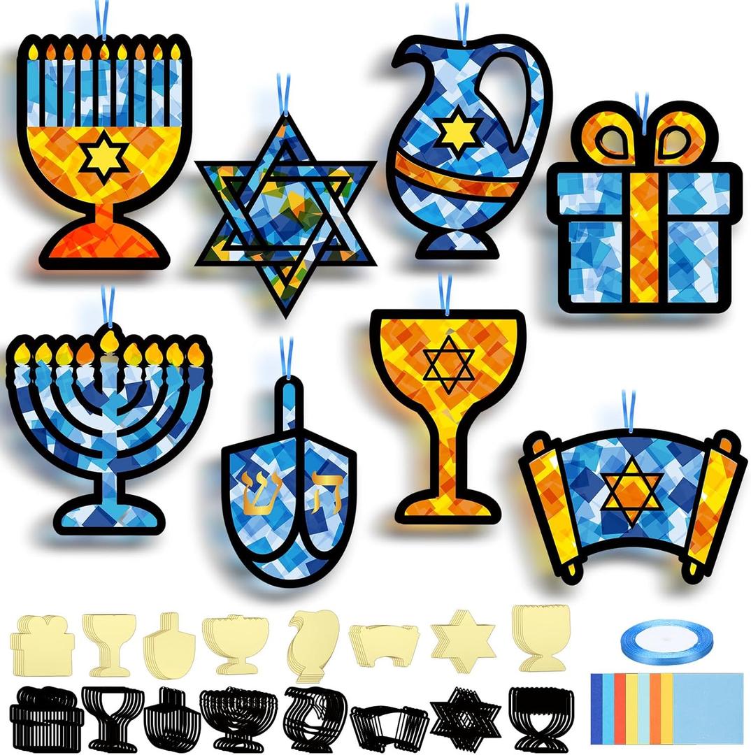 DoubleFill 48 Pcs Hanukkah Suncatchers Craft Kits Make Your Own Hanukkah Stained Glass Craft Kit Religious Christian Tissues Paper for Window Art Activities Xmas Decoration