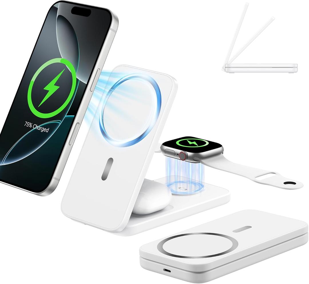 Compatible MagSafe 3 in 1 Wireless Charging Station for Apple, Magnetic Foldable Charger Stand for iPhone 17/16/15/14/13/12 Pro Max, Apple Watch Ultra/Series & AirPods Pro Fast Charging Dock