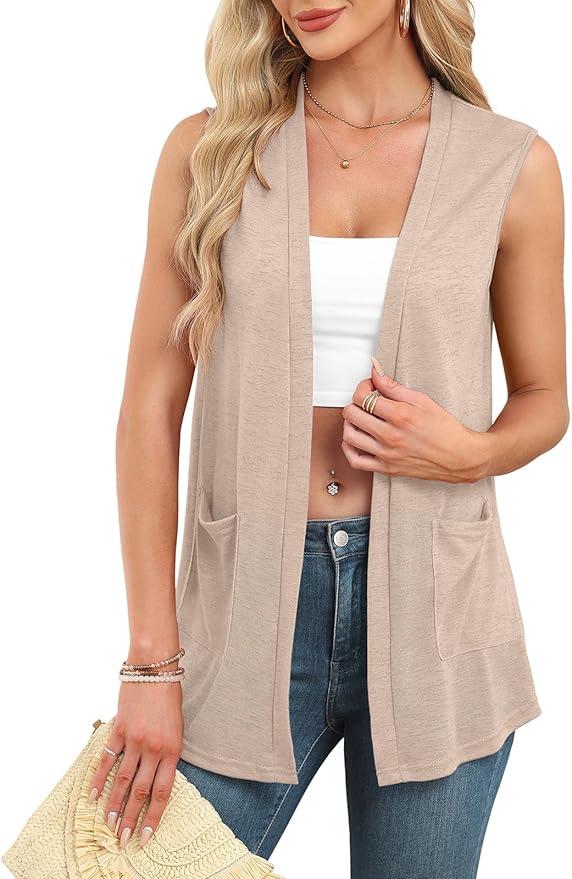 Summer Vest for Women Lightweight Fashion Casual Soft Knit Sleeveless Cardigan Curved Hem with Cozy Pockets L