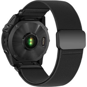 22mm Nylon Watch Band Compatible with Garmin Fenix 5/6/7/8 47mm/5 Plus/6 Pro/7 Pro/E 47mm, Elastic Magnetic Band for Garmin Forerunner 965, Black Line