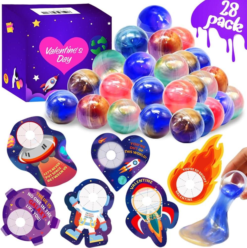 28PCS Valentines Day Gifts for Kids, Galaxy Slime Balls with Space Valentines Cards Slime Stress Relief Fidget Toys for Kids Valentine School Classroom Prize Exchange, Valentine Party Favors
