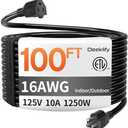 Deeklify 16/3 100 FT Black Outdoor Extension Cord Waterproof, Black 16 Gauge Extension Cord Flexible and Cold Resistant 3 Prong Grounded Plug,10Amp 1250W SJTW ETL Listed