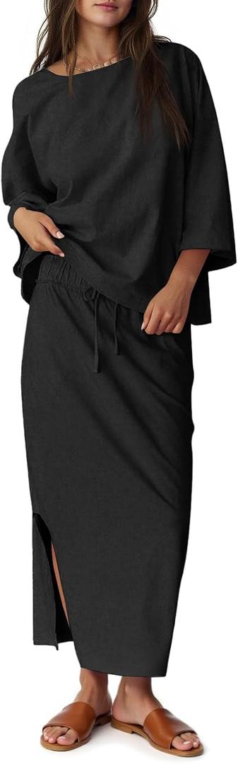 Tankaneo Womens 2 Piece Skirt Sets Oversized 3/4 Sleeve Top and Maxi Skirt Fall Matching Outfits Travel Vacation Set (Black, X-Large)