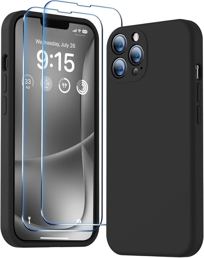 BossKiss Compatible with iPhone 13 Pro Max Case, Premium Liquid Silicone Case [Velvety Touch] [2 Pcs 9H Tempered Glass Screen Protector], Camera All-Round Protection Shockproof Kit Case, Black