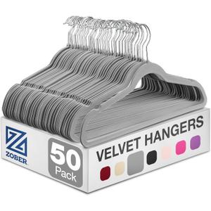 Zober Velvet Hangers 50 Pack - Heavy Duty Gray Hangers for Coats, Pants & Dress Clothes - Non Slip Clothes Hanger Set - Space Saving Felt Hangers for Clothing