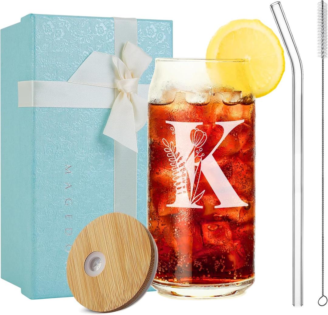 Monogrammed Gifts for Women, Personalized Drinking Glasses Cup 16oz with Lids & Straws- Birthday,Mother's day, Christmas, Special Gifts for Mom, Bestie, Teacher, Sister, Coworker and Bridesmaids (K)