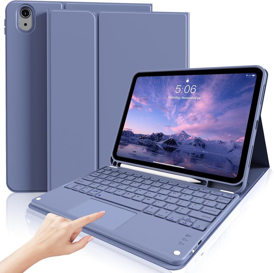 kenke for iPad 11/10th Gen Case with Keyboard 11/10.9 inch 2025 A16/2022, Detachable Wireless Bluetooth with Left Side Pencil Holder, Multi-Touch Trackpad Backlit Square Gray Keycaps (Purple)