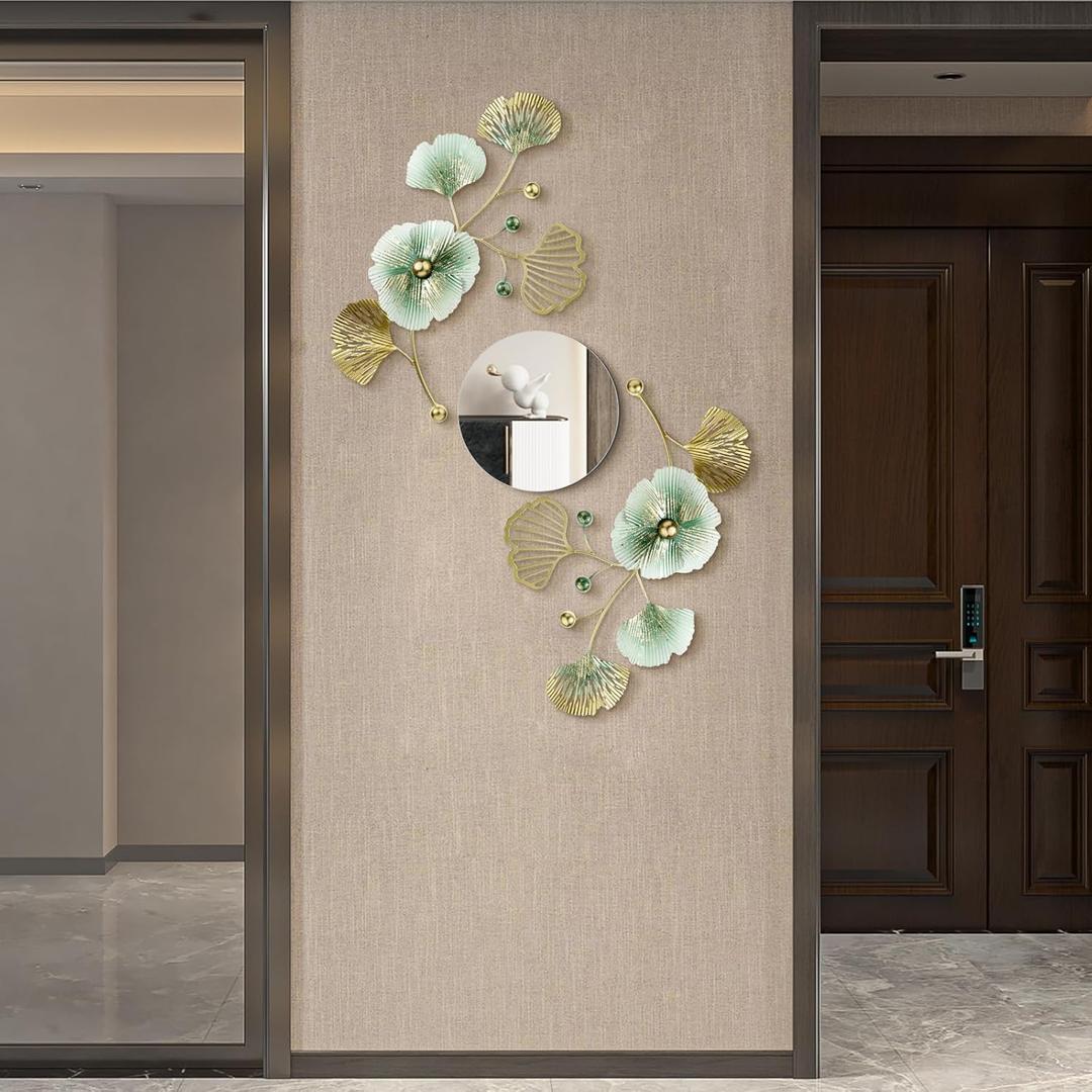 Tandefio 3 Pcs Metal Decorative Wall Mirrors for Living Room Metal Ginkgo Leaf Mirror Modern Creative Wall Decor Art Hanging Decor Mirror for Entrance Bedroom Living Room (Gold Green,16.inches)