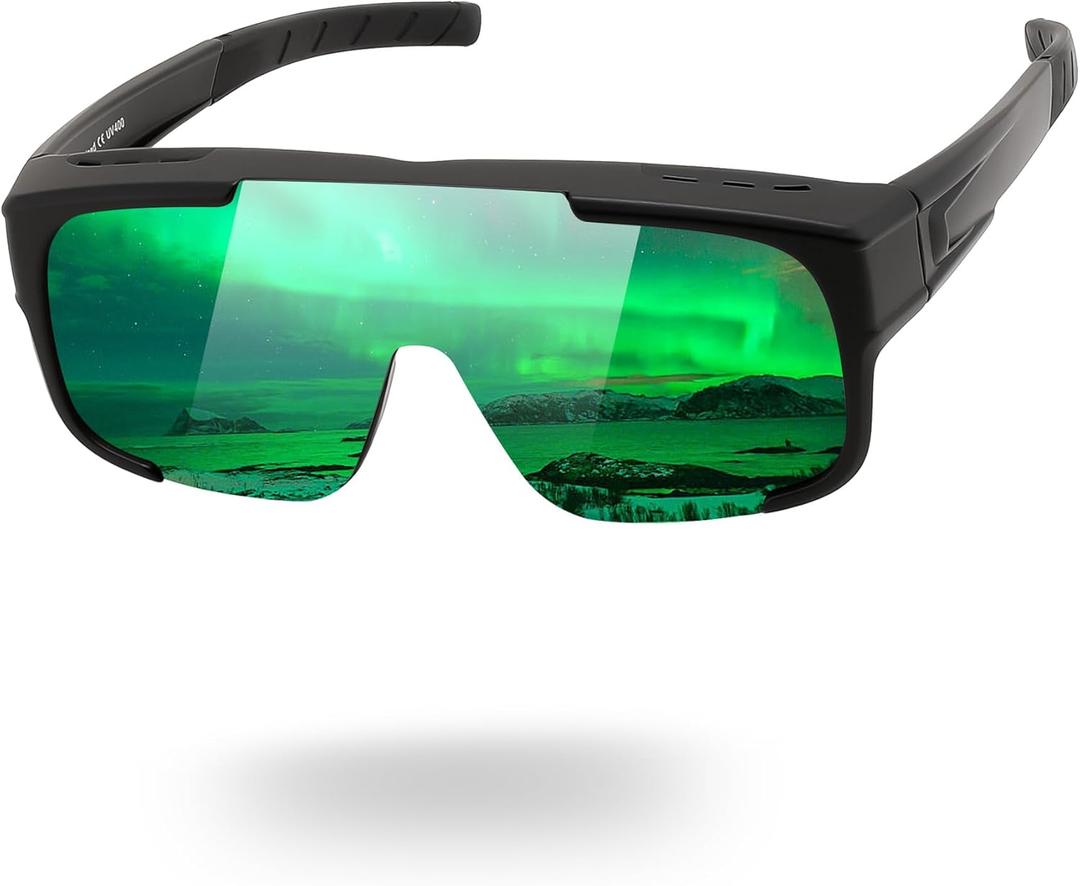 FEISEDY Polarized Fit Over Glasses Sunglasses for Men Women, Sports Wrap Around for Driving Cycling Fishing B0315 (Large, 04 Black Frame/Green Mirrored Lens)