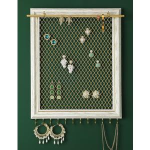 Heesch Hanging Earring Organizer Frame Wall Mounted Jewelry Holder Vintage Rustic Stud Earring Display with Removable Rod and 12 Hooks for Necklaces, Bracelets and Rings (Distressed White)