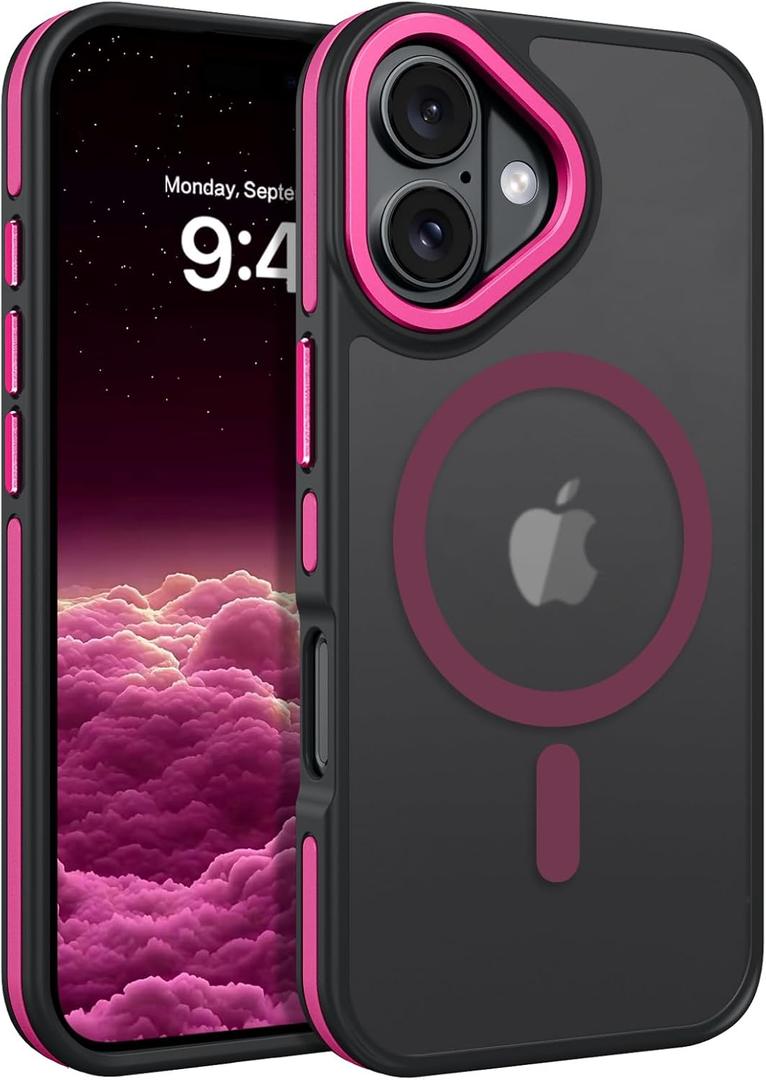 BENTOBEN Magnetic for iPhone 17 Case 2025 [Compatible with Magsafe] [Military-Grade Protection] Matte Women Men Anti-Slip Shockproof Bumper Phone Cases for iPhone 17 6.3", Hot Pink/Black