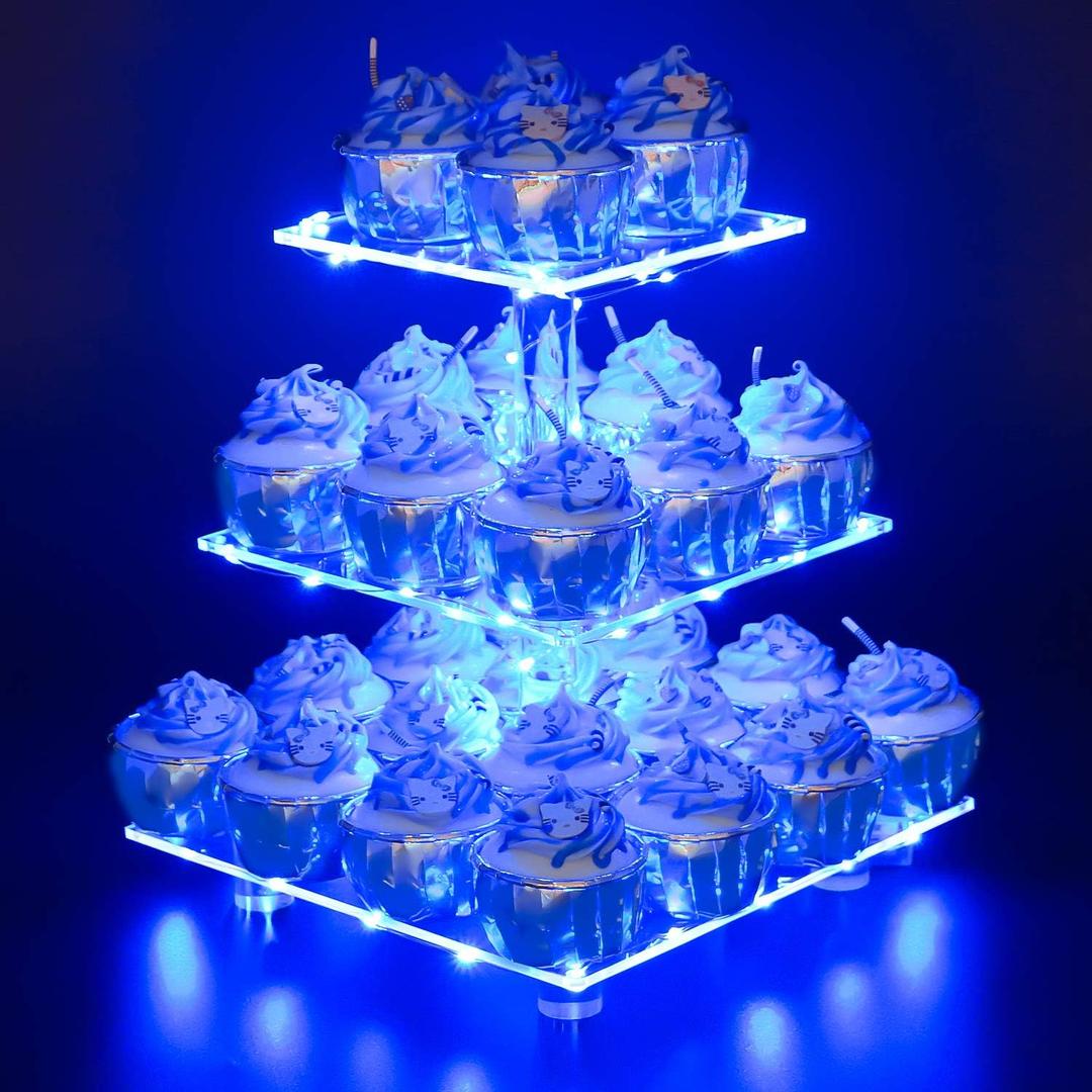 YestBuy 3 Tier Square Cupcake Stand - Premium Cupcake Holder - Acrylic Cupcake Tower Display - Cady Bar Party Dcor + LED Light String - Ideal for Weddings, Birthday Parties( Blue Light)