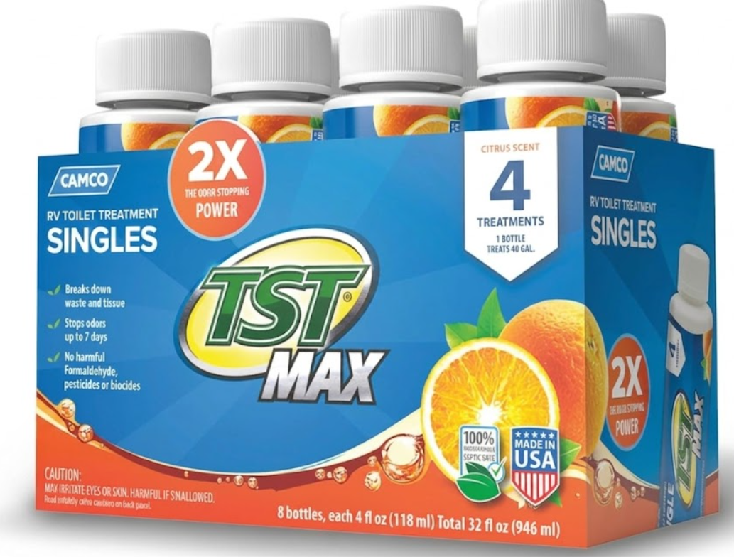Camco TST MAX RV Toilet Treatment - Formaldehyde Free - Breaks Down Waste And Tissue - Septic Tank Safe - Treats up to 8-40 Gallon Holding Tanks -Orange Scent, (4) 4 oz Bottles (41191)