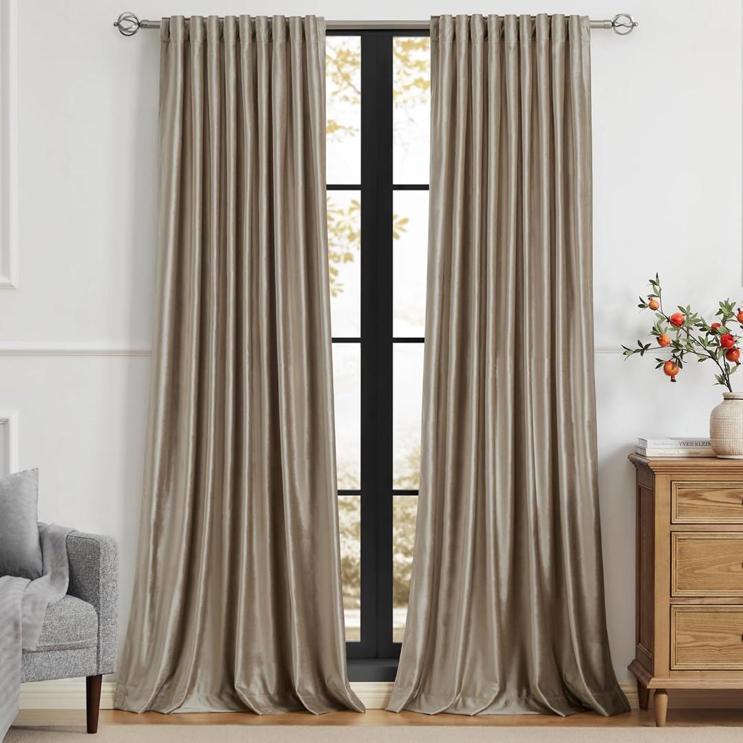PRIMROSE Taupe Curtains 102 inch for Living Room,2 Panels Velvet Drapes Blackout Rod Pocket Back Tab Window Treatment Room Darkening Decorative Thick Curtains for Bedroom