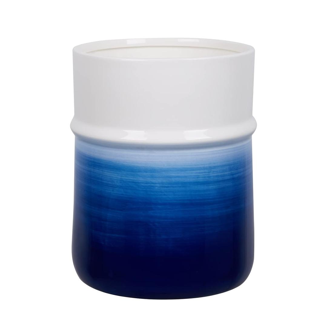 Decorative Round Small Trash Can Wastebasket, Garbage Container Bin for Bathrooms, Powder Rooms, Kitchens, Home Offices-Hand Painted Navy Blue, Ceramic