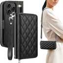 OCASE for iPhone 17 Pro Max Crossbody Wallet Case - Stylish PU Leather Handbag Phone Purse with Zipper Closure, Card Slots & RFID Blocking - Wrist Strap, Lanyard, Kickstand - Diamond Check Black