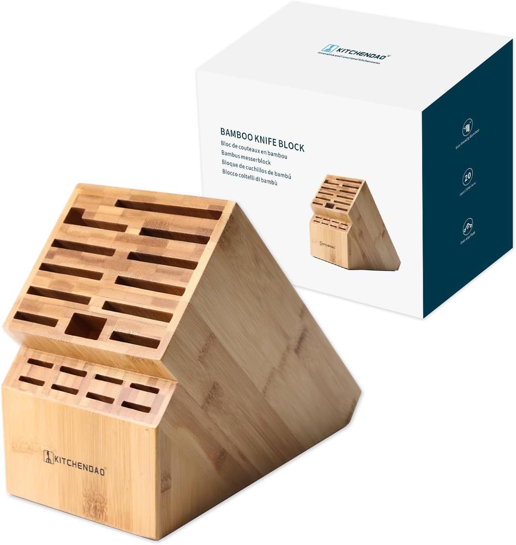 KITCHENDAO 20 Slot Bamboo Knife Block without Knives, Universal Knife Holder for Kitchen, Holding Multiple Types of Knives, Countertop Butcher Block Knife Stand for Easy Kitchen Storage