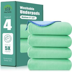 Cosy Family Waterproof Washable Underpads, 17" x 24" - Heavy Absorbency Reusable Bedwetting Incontinence Pads for Adults, Elderly and Pets - Protective Pad, Blue and Green, (Pack of 4)
