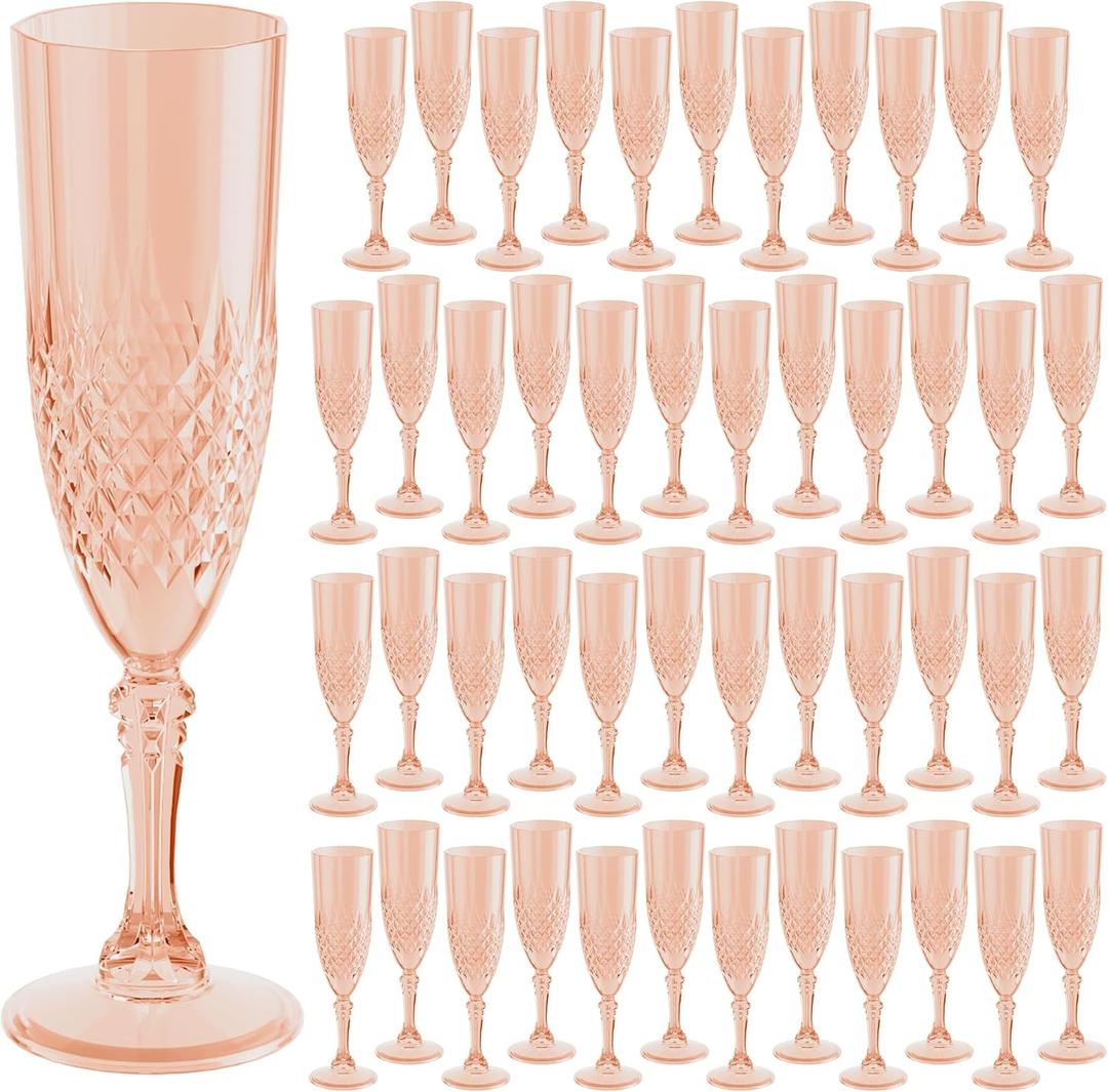 Plastic Champagne Flutes 7oz, Reusable Drinking Glasses Cups Goblets Shatterproof Unbreakable, for Wedding Party Mimosa Bar (48, Rose Gold)