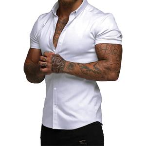 JMIERR Men's Muscle Fit Dress Shirts Wrinkle-Free Short Sleeve Casual Button Down Shirt Summer Beach Shirts, L, White
