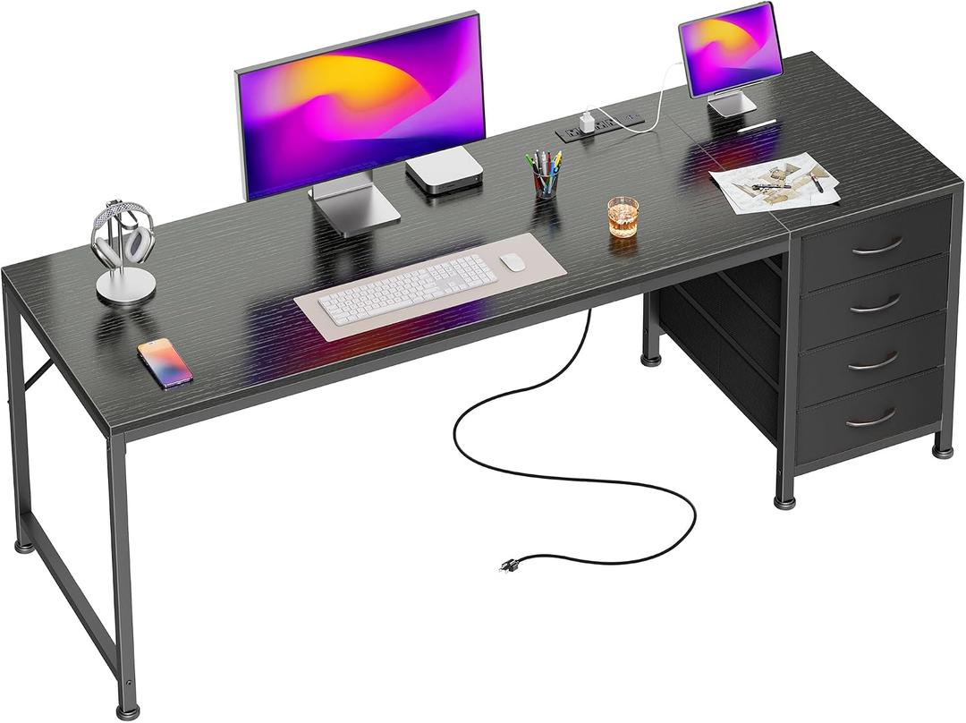 PRAISUN 63 Inch Computer Office Desk with Power Outelts and USB-C Port, Reversible Gaming Desk with 4 Fabric Drawers, Work Study Desk Work from Home, Black