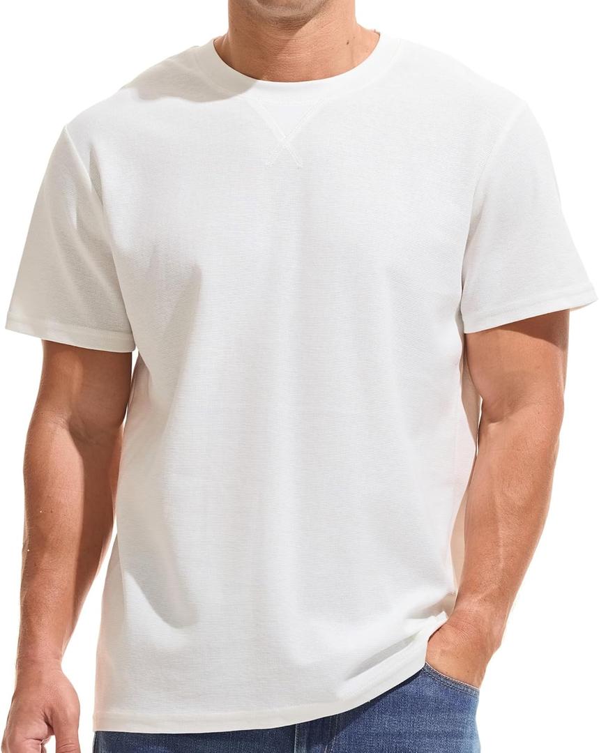 VEIISAR Men's Mini Waffle Knit Crew Neck T-Shirt - 190gsm Ultra-Fine Textured Cotton Tee - 1mm Micro Grid Breathable Top