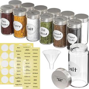 Simple Houseware 12-Pack 3 oz Glass Spice Jars, Round Bottles with Shaker Lids, Funnel and Labels for Seasoning & Storage
