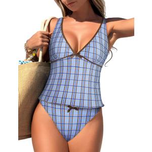 ZAFUL Women's Tankini Swimsuits V Neck Tummy Control Bow Color Block Two Piece Swimsuit Bathing Suit (XL)