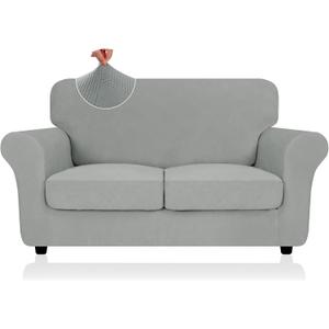 ZNSAYOTX 3 Piece Stretch Loveseat Covers (55"-69"), Thick Striped Sofa Covers for 2 Cushion Couch with Elastic Band Bottom Ties Non-Slip Stay in Place, Soft Durable Love Seat Slipcovers, Light Grey