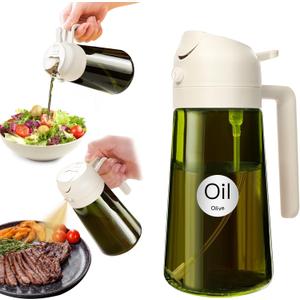 YARRAMATE 16oz/470ml 1PCS Light Blockage Dark Oil Sprayer for Cooking, 2 in 1 Olive Oil Dispenser Bottle for Kitchen, Green Glass Oil Bottle, Food-Grade Oil Mister for Air Fryer, BBQ (White & Green) 1 Pack